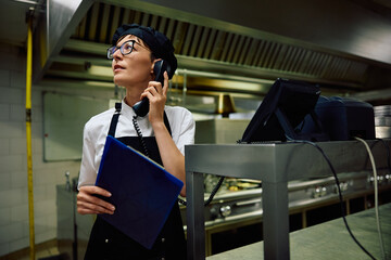 Female cook making  phone call while working in restaurant kitchen. - Powered by Adobe