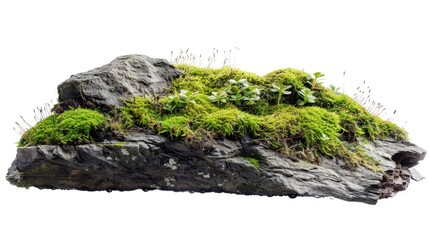 A rocky surface covered in green plants and grass
