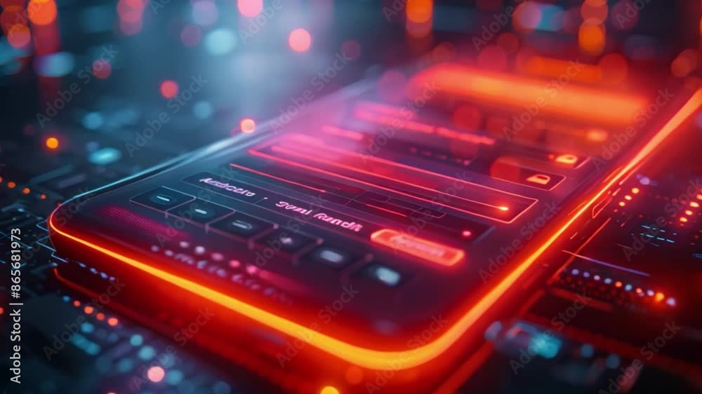Poster A close-up image of a smartphone with a glowing red neon border.