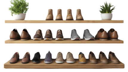 Shoe rack mockup with tiered shelves, PNG file, transparent background, isolated on white
