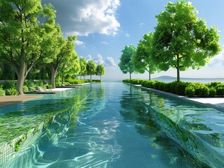 Ecofriendly swimming pool with natural filtration, clear water, lush greens, 3D render