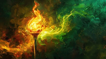 Green energypowered Olympic flame, glowing, renewable, digital painting