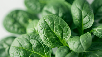 Obraz premium Fresh spinach leaves with water droplets on a light background. Close-up macro shot for design and print. Healthy eating and organic food concept.