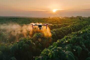 Drone sprays chemicals over cassava field at sunrise
