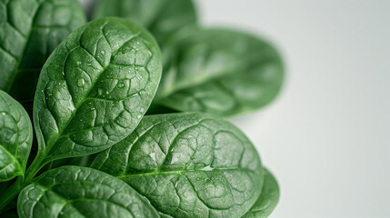 Obraz premium Fresh spinach leaves with water droplets on a light background. Macro shot for design and print. Healthy eating and organic food concept.