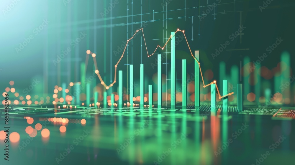 Poster futuristic stock market visualization with glowing charts and data on a dark background. suitable fo