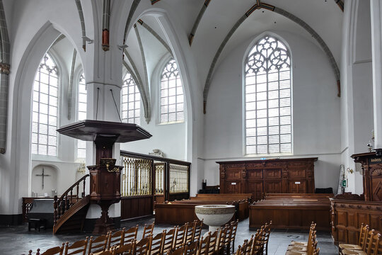 Interior of Utrecht Jacobikerk is a landmark Protestant church, named for its patron saint St. James the Greater. Church dates from the end of 13th century. Utrecht, the Netherlands. June 23, 2024.