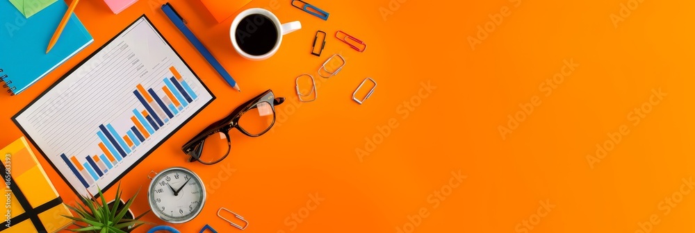 Poster office desk with charts, glasses, and coffee on an orange background. business environment with a fo