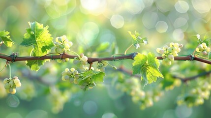 Spring grapevine shoots with flower buds and leaves natural agriculture backdrop