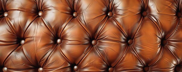 Fototapeta premium Close-up of brown leather tufted upholstery, textured surface. Luxury vintage interior design concept