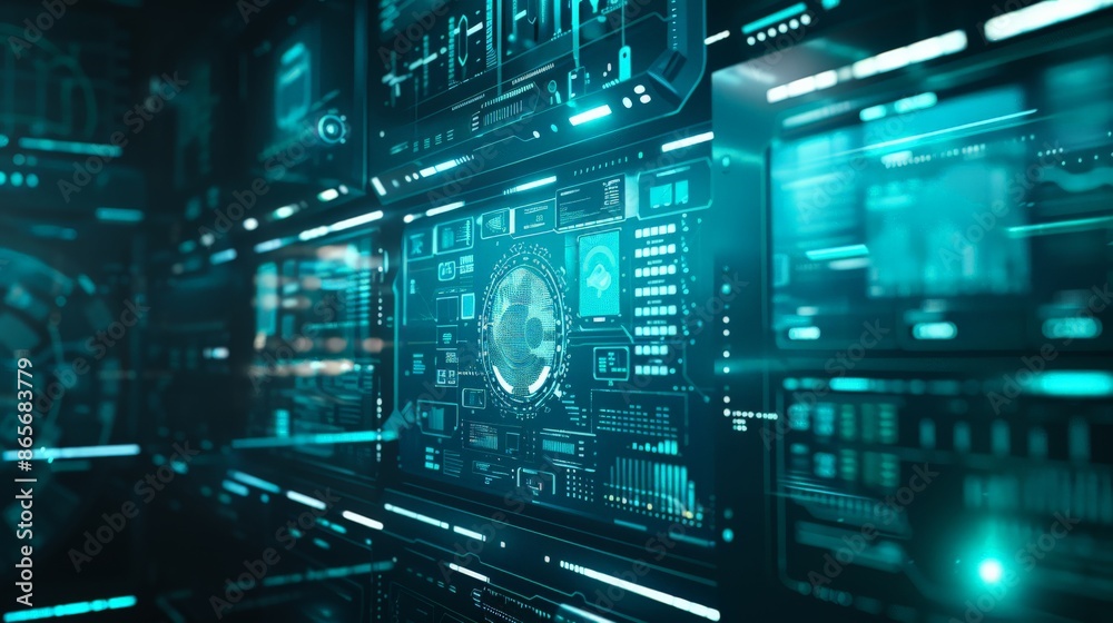 Poster Futuristic digital interface with blue-toned data charts and analytics. Cutting-edge technology background. Perfect for cybersecurity and technology presentations