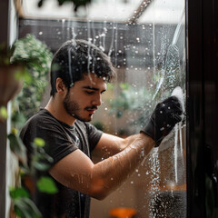 Fototapeta premium Spring Cleaning: Young Man Washing Windows at Home
