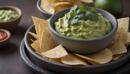 guacamole with cilantro on top with tortilla chips