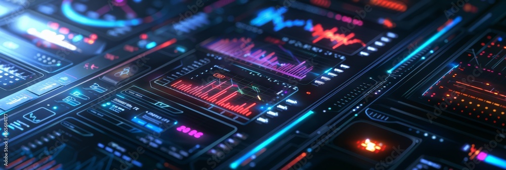 Aufkleber Close-up of a futuristic digital dashboard with colorful data charts and graphs. Advanced technology analytics. Ideal for financial and tech presentations