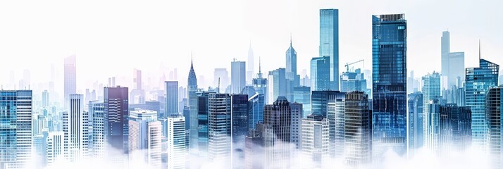 White and blue city skyline with a foggy overlay. Elegant urban landscape. Perfect for business and corporate backgrounds