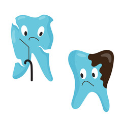 Carious teeth. Numerous sad teeth characters in flat style. Vector illustration isolated on white background.
