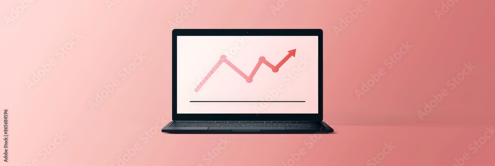 Poster minimalist laptop displaying a red upward trend line on a pink background. simple and modern financi