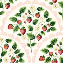 Cottage Core Garden Strawberries and Scallops Vector Seamless Pattern. Vintage Feed Sack Backdrop With Nostalgic Retro Design. Fresh Summer Fruit Background