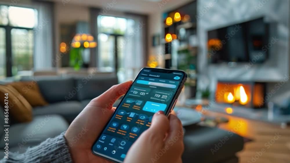 Poster This Hands holding a smartphone displaying a smart home app interface.