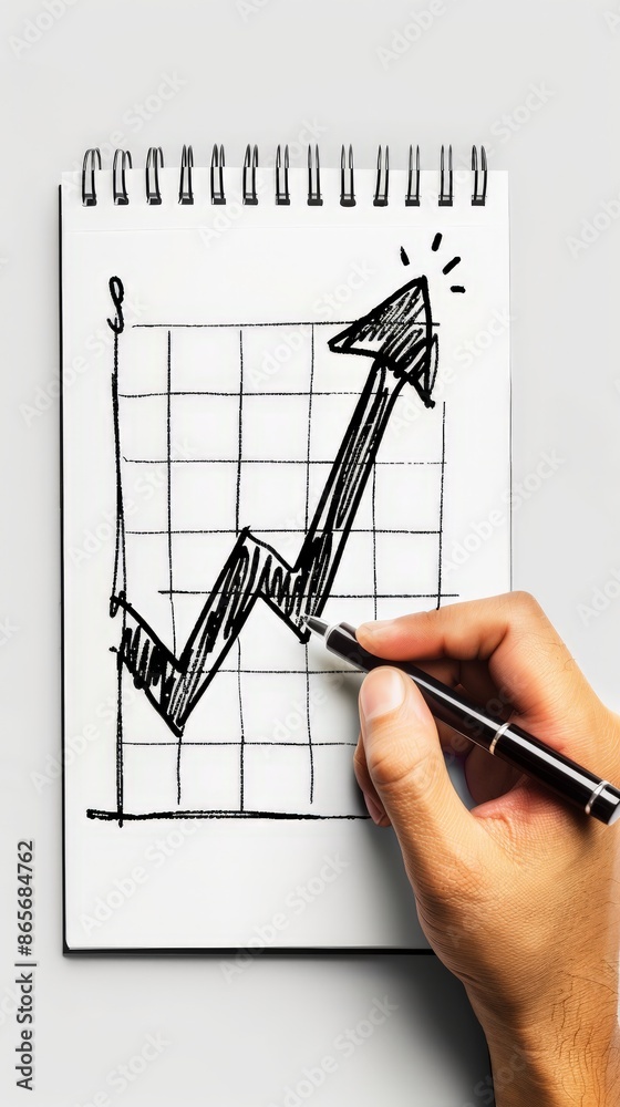 Aufkleber hand drawing an upward trending arrow on a notepad with a grid background. business growth and plann