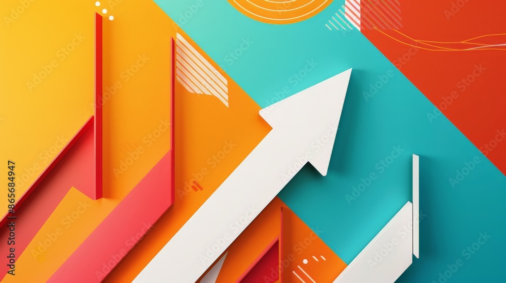 Poster abstract rising arrows on a colorful background with geometric shapes. business growth and success c