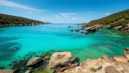 arafed view of a beautiful blue lagoon with rocks and clear water