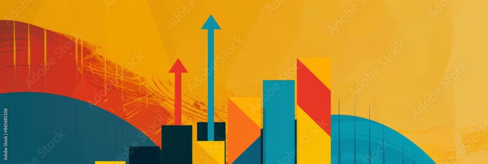 Poster abstract illustration of rising bar charts in various colors on a yellow background. financial growt