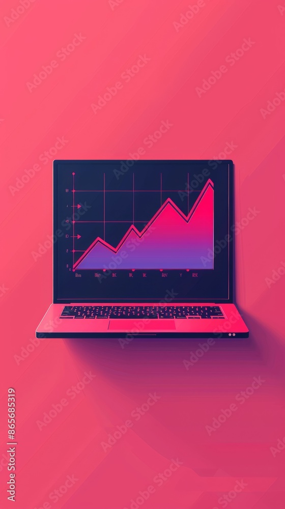 Aufkleber Laptop displaying a rising graph on a red background. Business growth and digital marketing concept. Ideal for online presentations and reports