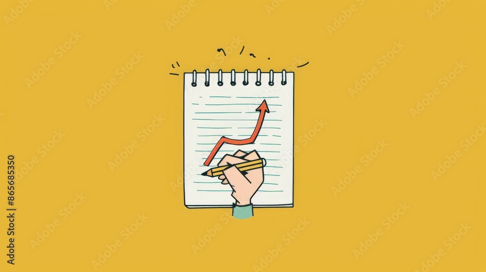 Poster minimalist illustration of a hand drawing an upward arrow on a notepad against a yellow background. 