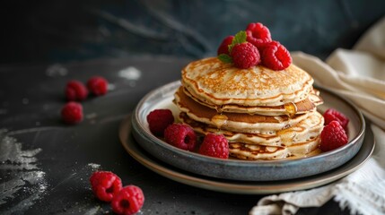 Tasty cottage cheese pancakes served on a ceramic dish with yogurt and raspberries against a dark backdrop alongside a napkin