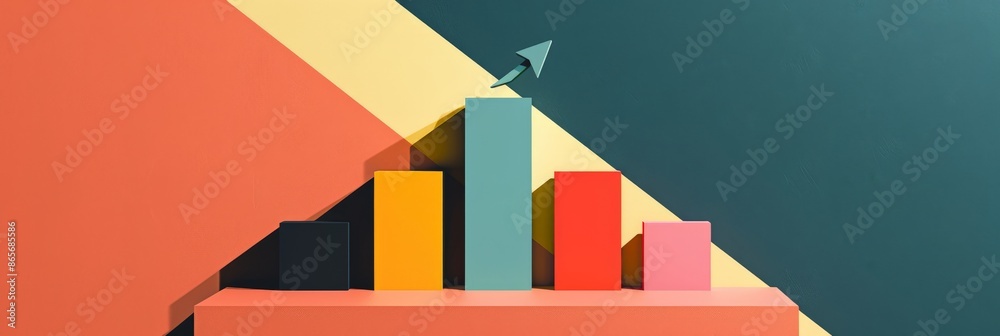 Poster colorful bar graph illustration with an arrow pointing upward against a geometric background. busine