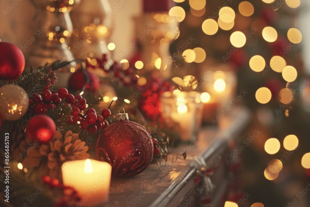 Canvas Prints Detailed close-up of a Christmas mantle with lit candles, festive ornaments, and shimmering lights, creating a warm, inviting holiday scene.