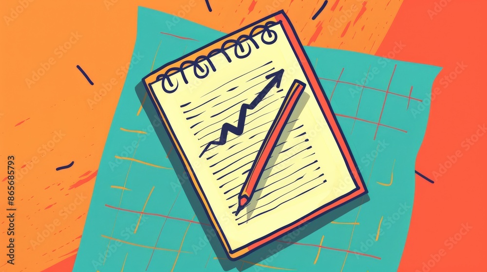 Poster colorful notepad with an upward graph and pencil on a vibrant background. business growth and planni