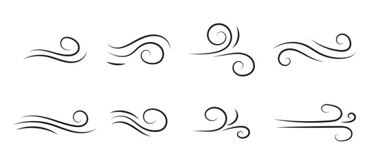 Doodle wind motion. Isolated vector set of abstract air swirls, blow waves, curve spirals in black colors, capturing the dynamic essence of movement and energy in a playful and artistic cartoon manner