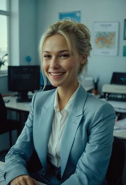 l&auml;chelnde blonde russische Frau mit Hochsteckfrisur im B&uuml;ro