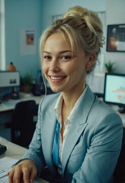 l&auml;chelnde blonde russische Frau mit Hochsteckfrisur im B&uuml;ro