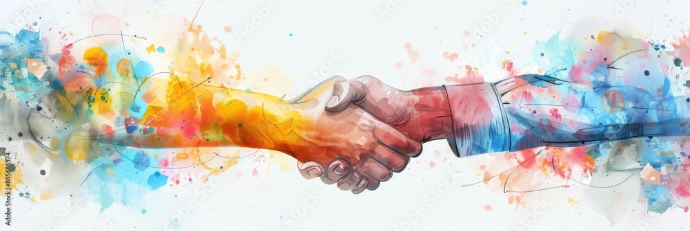 Poster abstract watercolor illustration of a handshake with colorful splashes. business partnership and col