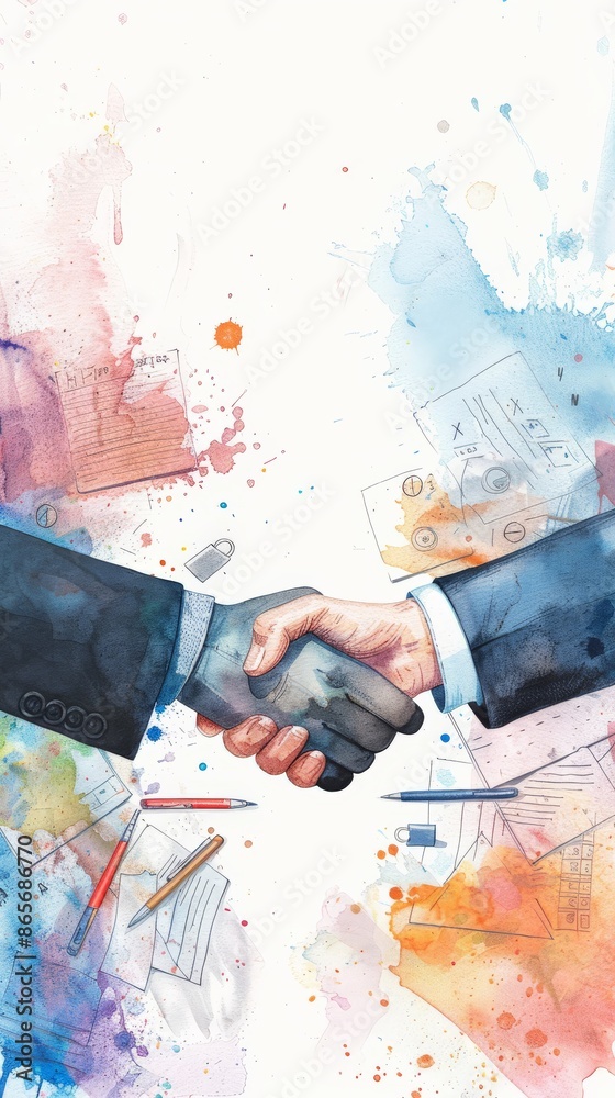 Aufkleber illustration of hands analyzing a graph on a desk with office supplies. business analysis and financ