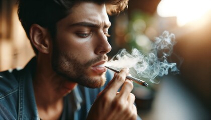 Close Up of a Man Smoking a Joint 