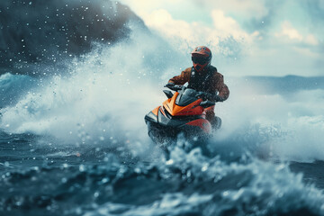 A man is driving a jet ski in the sea.