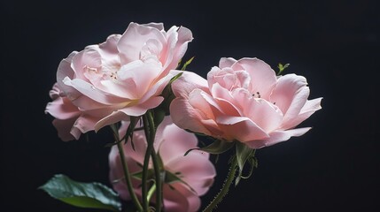 Macro photo of pink roses in focus against a black backdrop