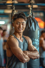 Fototapeta premium Asian man wearing tank top smiling with confidence at boxing gym.