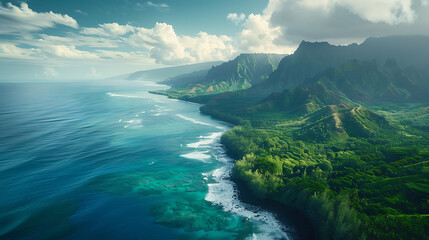 Fototapeta premium Stunning landscape of the Hawaiian Islands featuring volcanic beaches and lush rainforests against the backdrop of the Pacific Ocean 