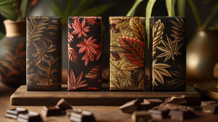 A close-up shot of four cannabis product packaging boxes featuring unique leaf patterns. The boxes are arranged on a wooden surface with scattered chocolate pieces.