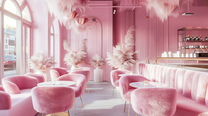 Interior design of pink cafe, with fur, modern style