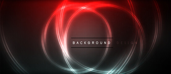 Neon glowing circle rays, light round lines in the dark, planet style neon wave lines. Energetic electric concept design for wallpaper, banner, background