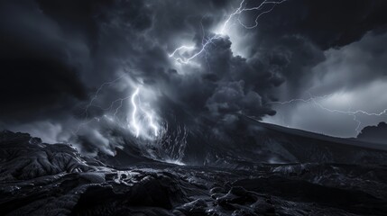 A gloomy photograph of lightning striking the mouth of a volcano. Lightning in the night. Dark wallpaper
