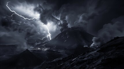 A gloomy photograph of lightning striking the mouth of a volcano. Lightning in the night. Dark wallpaper