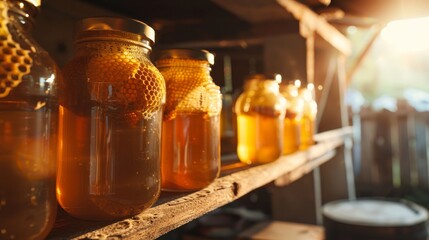 Jars of honey. Honey in honeycombs in jars standing on a shelf.  Honey in jars on a shelf illuminated by sunlight
