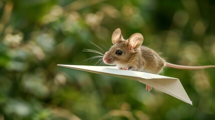 Mouse on a paper airplane. advertising entrepreneurship and ingenuity